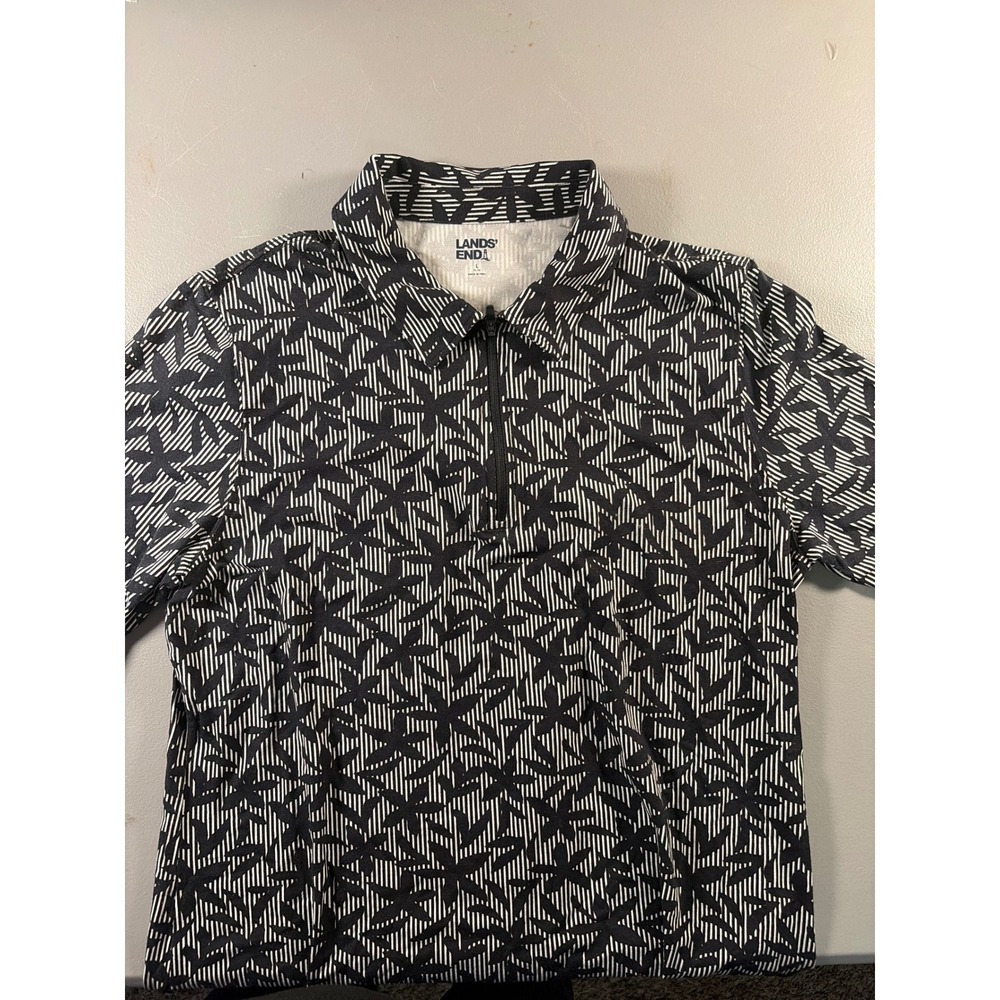 Lands End Quarter Zip Polo Shirt Womens L Black White Floral Leaf Geometric Top